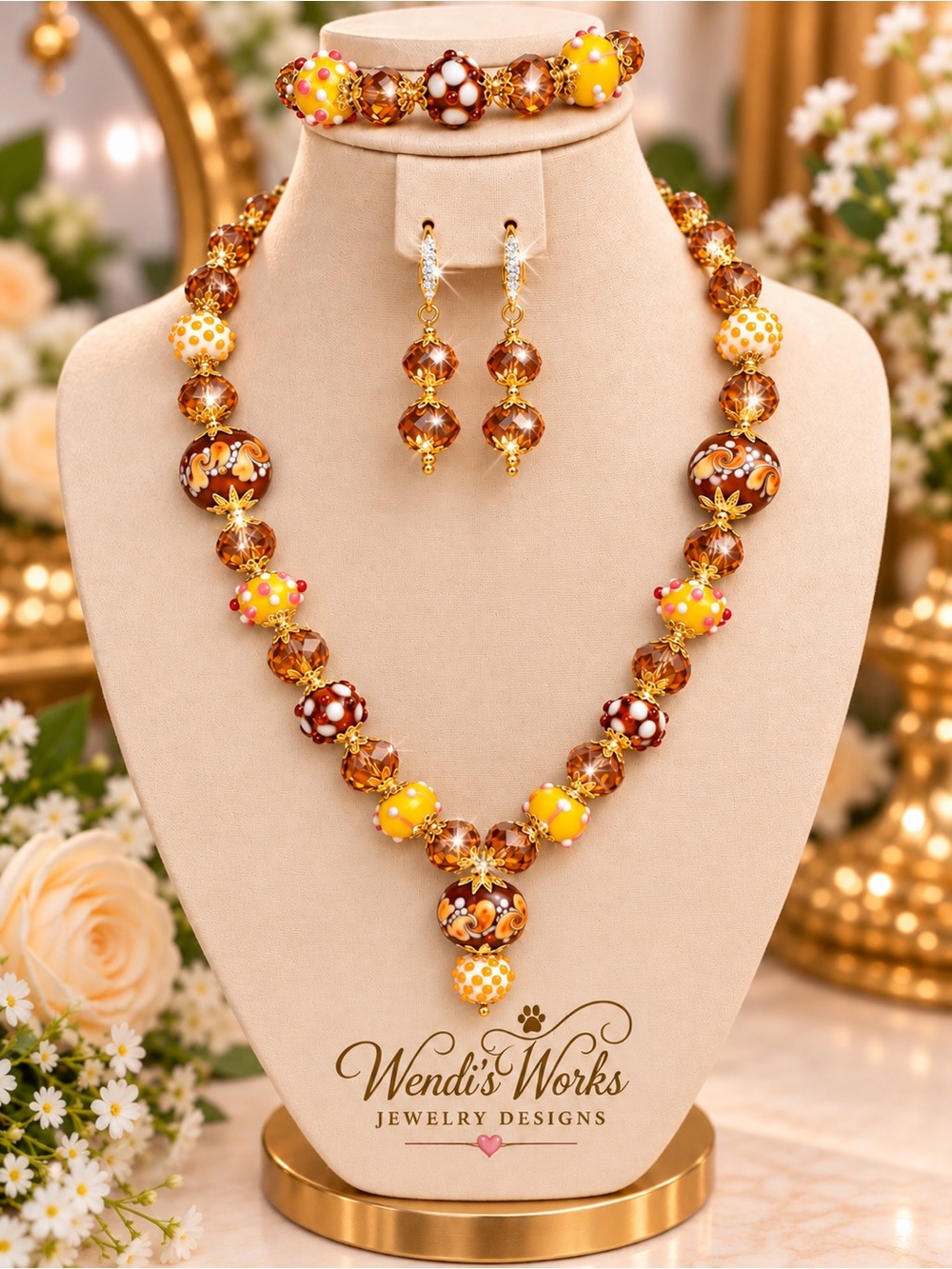 Golden Honey Heirloom Handmade Golden Brown Crystal & Lampwork Beaded JewelrySet